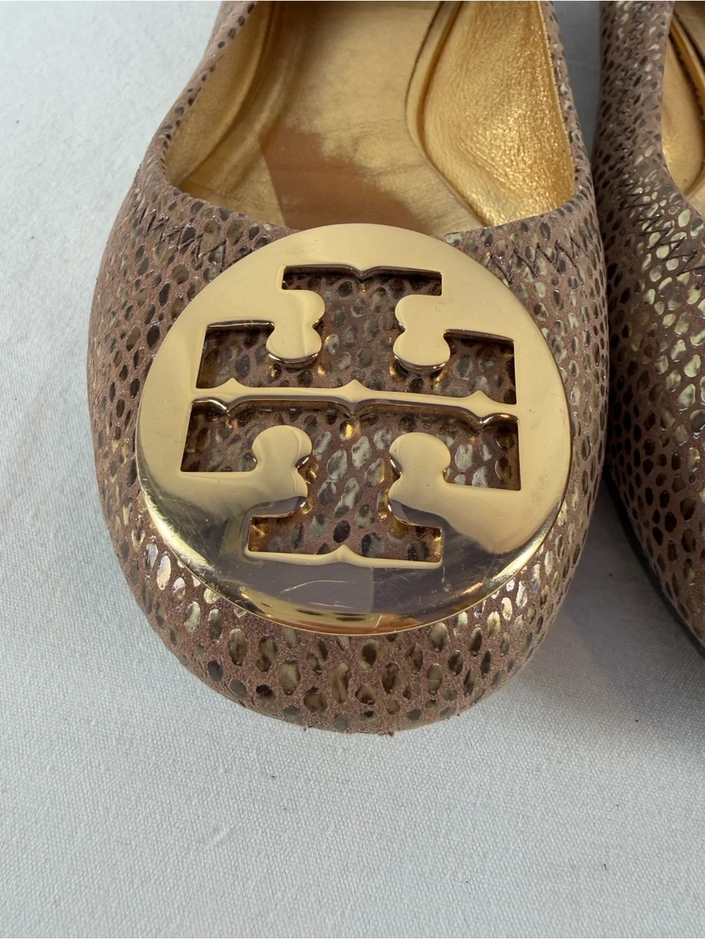 Tory Burch Snake Embossed Large Metal Logo Ballet Flat in Light Brown Gold 8.5